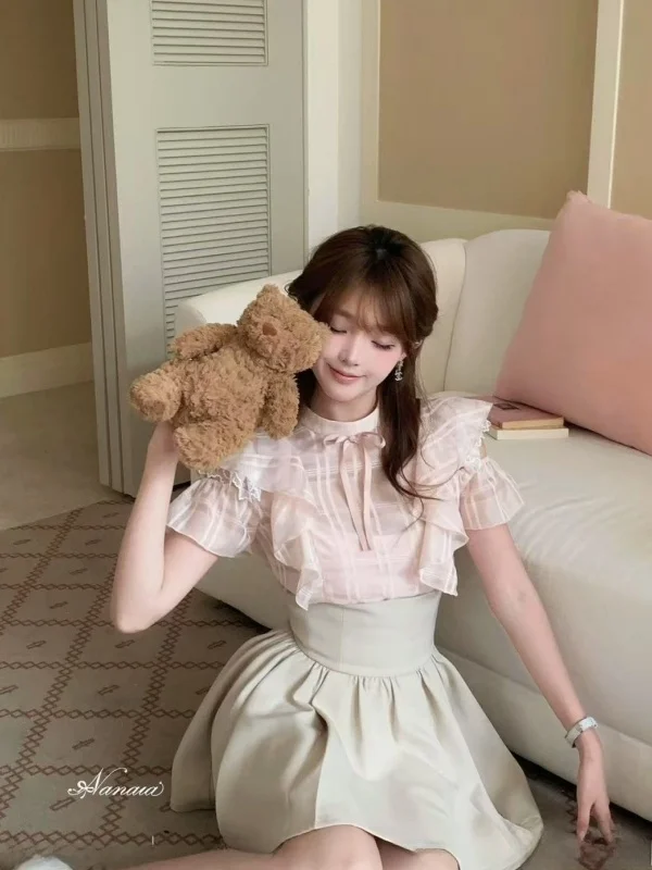 Sweet Anti-Aging Summer Japanese Sle Set round Ne Design  Knot Slim Fit Top High Waist ort Skirt Two Piece Set