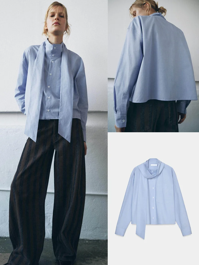 

Повседневная женская рубашка с воротником-стойкой и завязками, весенняя новинка, простой стиль для офиса и отдыха, модная модель 1063899