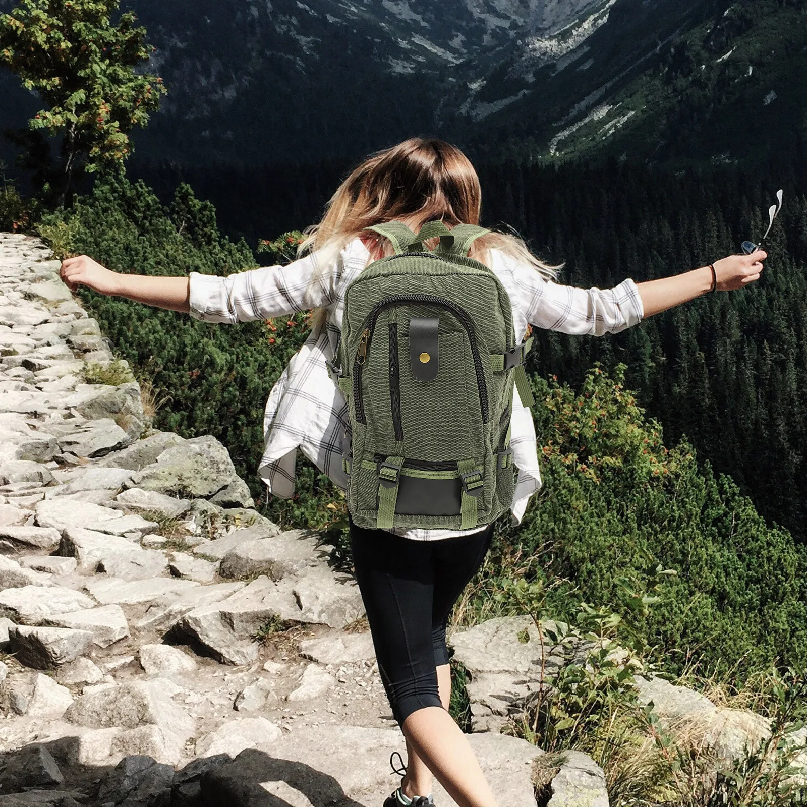 

Green Canvas Backpack Multi Pocket Functional Design Fashionable Simple Style Great for School Shopping Travel Outings Unisex