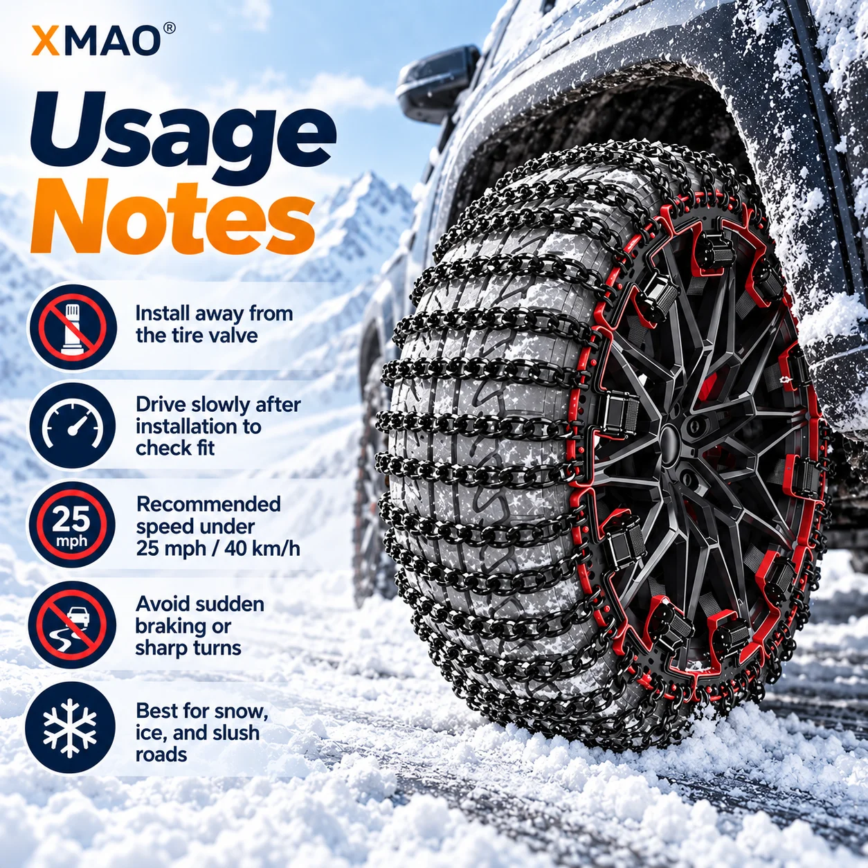 Heavy Duty Tire Snow Chains for SUV Off-Road Sedan, 4-Chain Manganese Steel Anti-Slip Emergency Traction for Snow Ice Slush Road