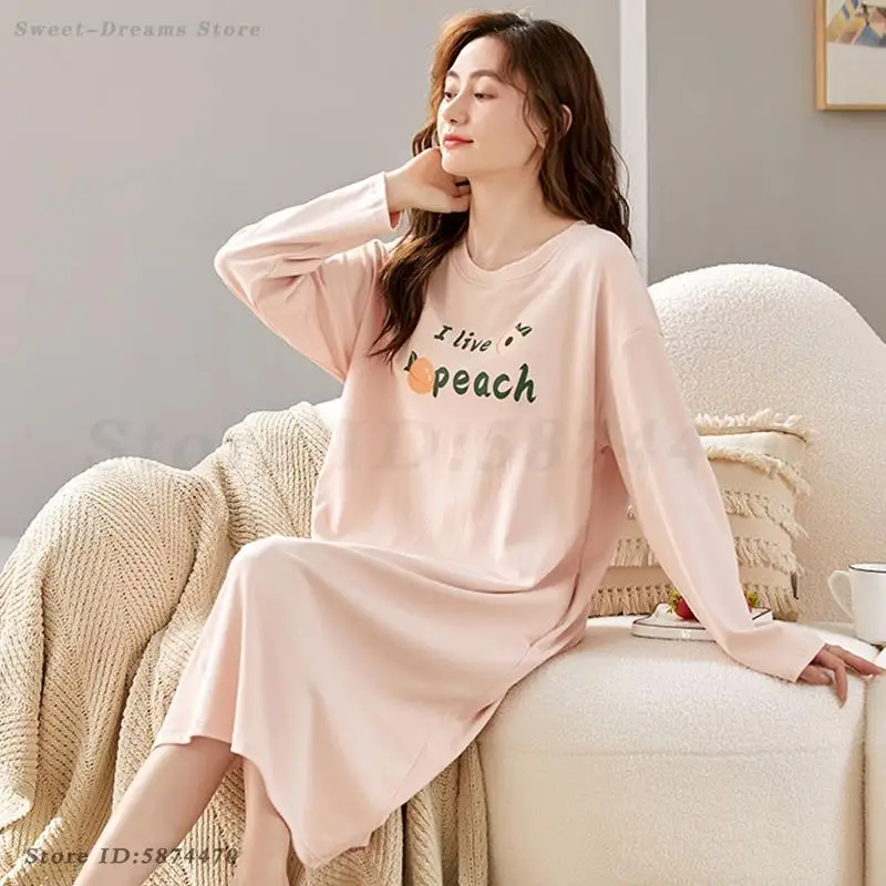 Female Long Sleeved Nightgown Spring Cotton Medium Length Sleepwear Sweet Printed Nightwear Loose Casual Home Clothes Nightdress