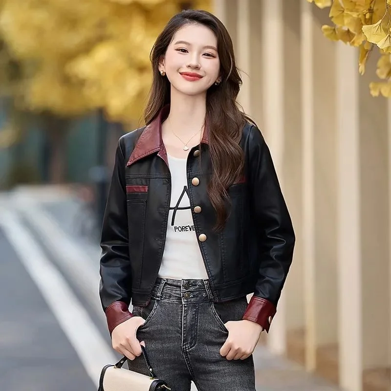 Fashion Short Motorcycle Leather Jacket Women's New 2025 Spring Autumn Street Feng Washable Leather PU Leather Coat Top