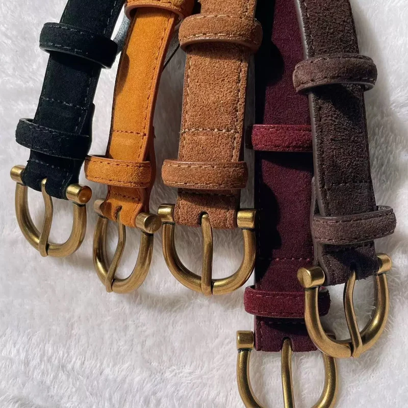 Women Suede Leather Belts with Retro Brass Buckle Classic Casual Dress Belt for Jeans Pants Dresses Wardrobe Accessory