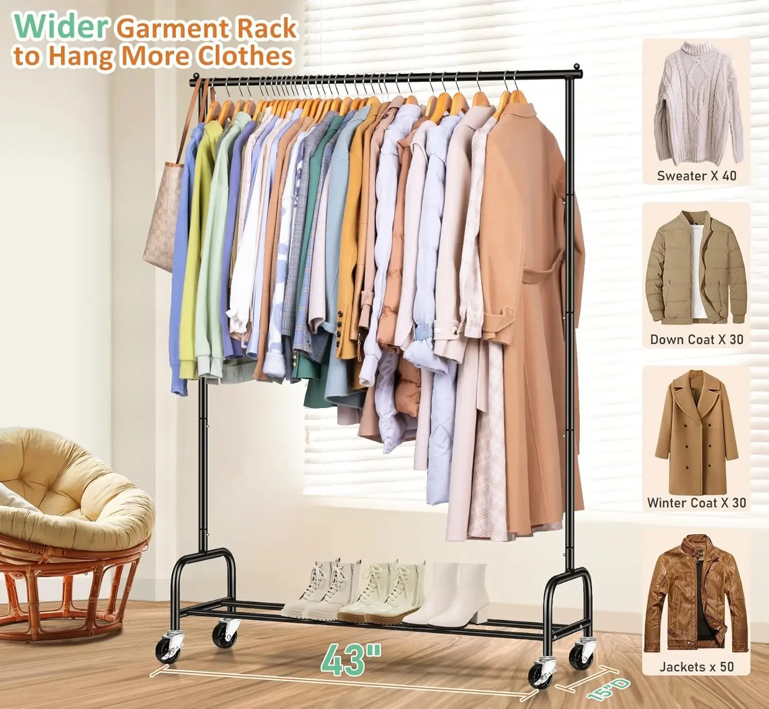 Heavy Duty Clothing Racks for Hanging Clothes Rack, 43" Wide Rolling Garment Rack Metal Clothing Hanger Rack with Wheels