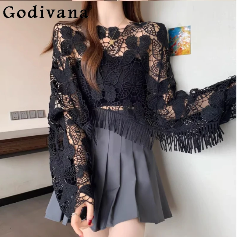 Women Summer Large Size Elegant Hollow Solid Color Sexy Sunscreen Blouse Fashion Short Versatile Loose Tassel Long Sleeve Shawl