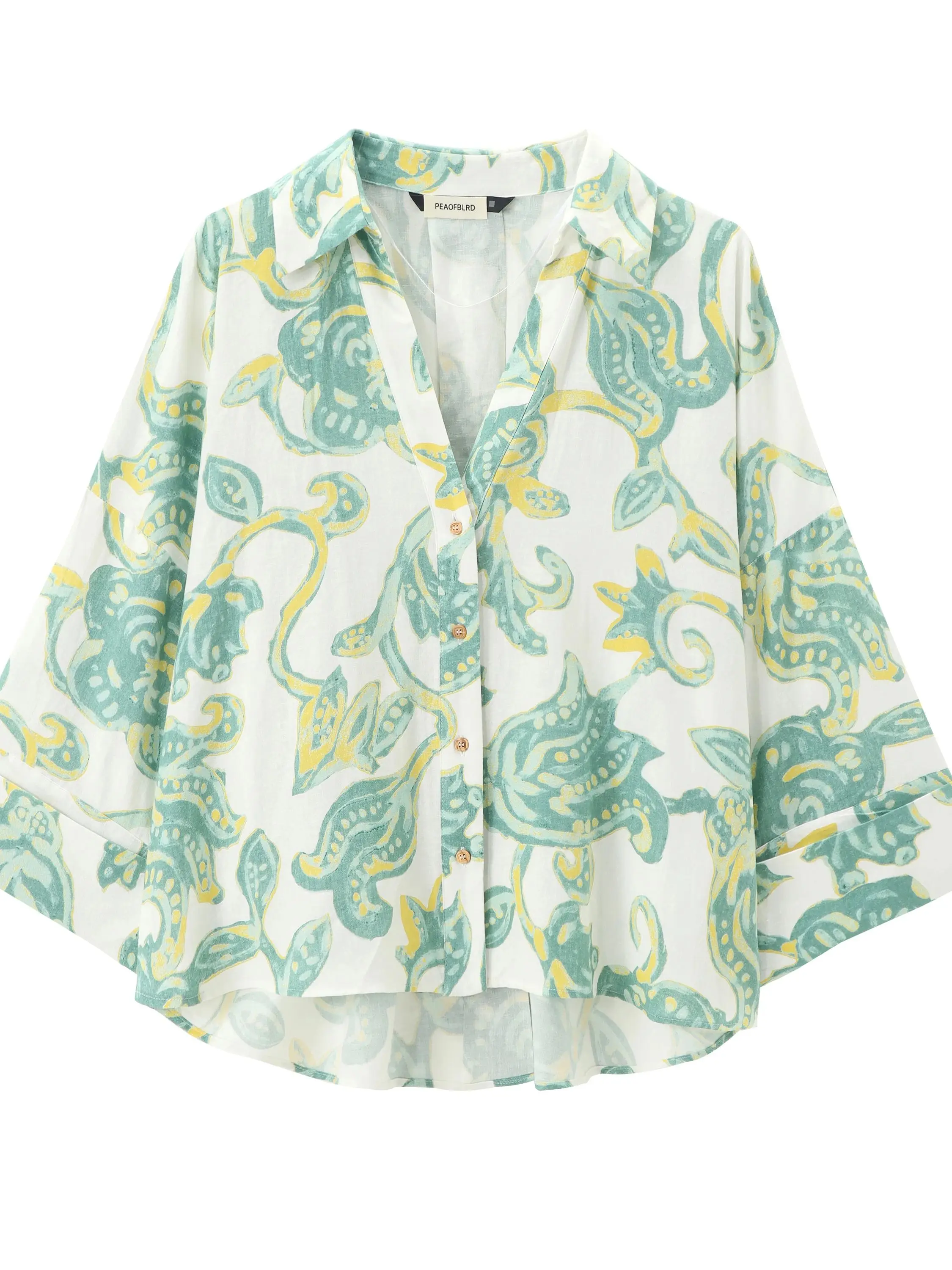 

XNWMNZ 2024 Women's Fashion Linen Blended Printed Shirt Vacation Style Lapel Asymmetric Front Buckle Versatile Female Chic top
