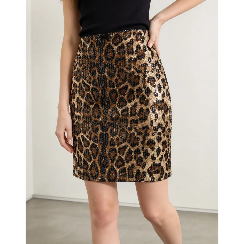 Women Bodycon Leopard Sequin Midi Skirt Low Waist Lace Trim Club Party Skirt