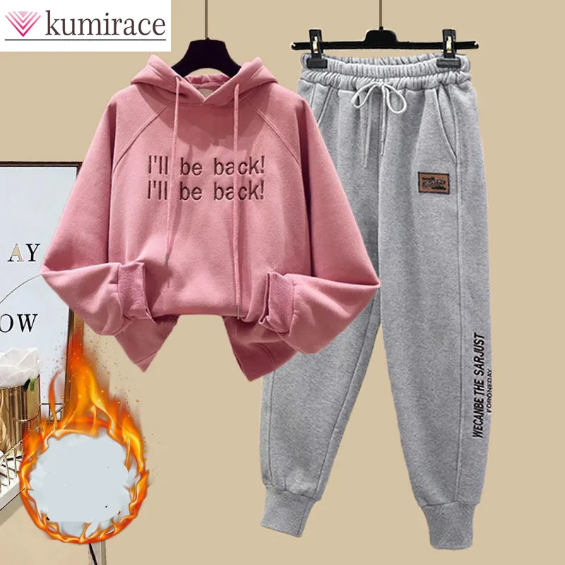 

Plush Thicken Letter Printed Hoodie Casual Leggings Two Piece Women's Sportswear Winter Outfits T Shirt Pants Set