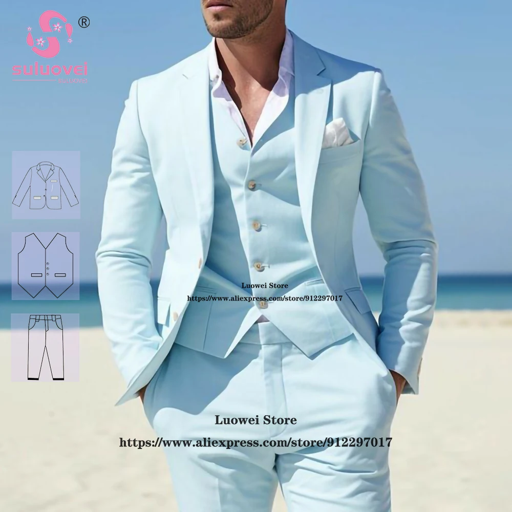 

Summer Light Cyan Suits For Men Slim Fit Elegant 3 Piece Jacket Pants Set Formal Groom Wedding Tuxedos Trajes De Hombre Elegante