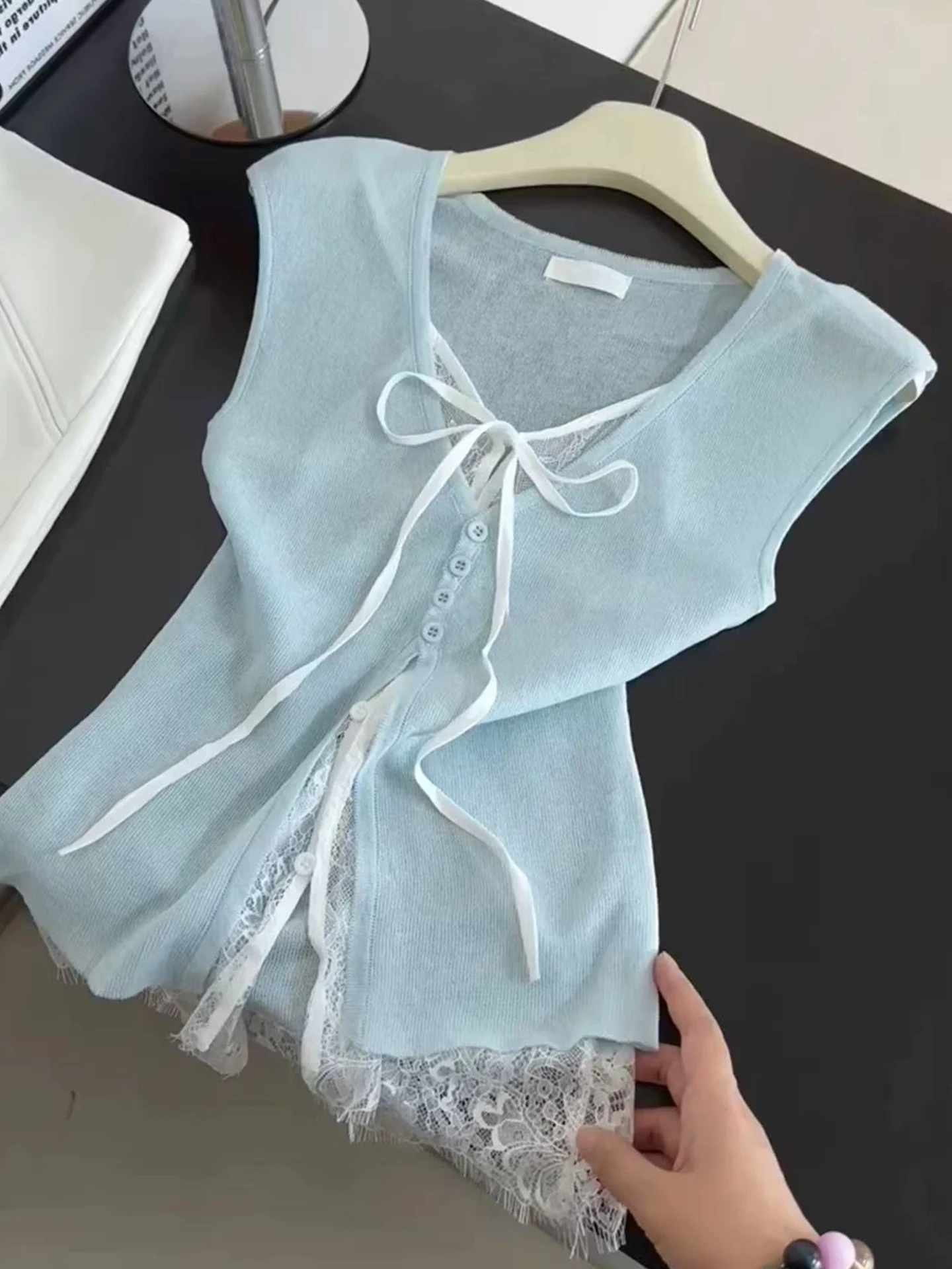 

Lace Splicing Casual Knitted Summer 2025 Svel Open Cardigan Sweet Sle Large Size Women's Inner Wear Korean Version St...
