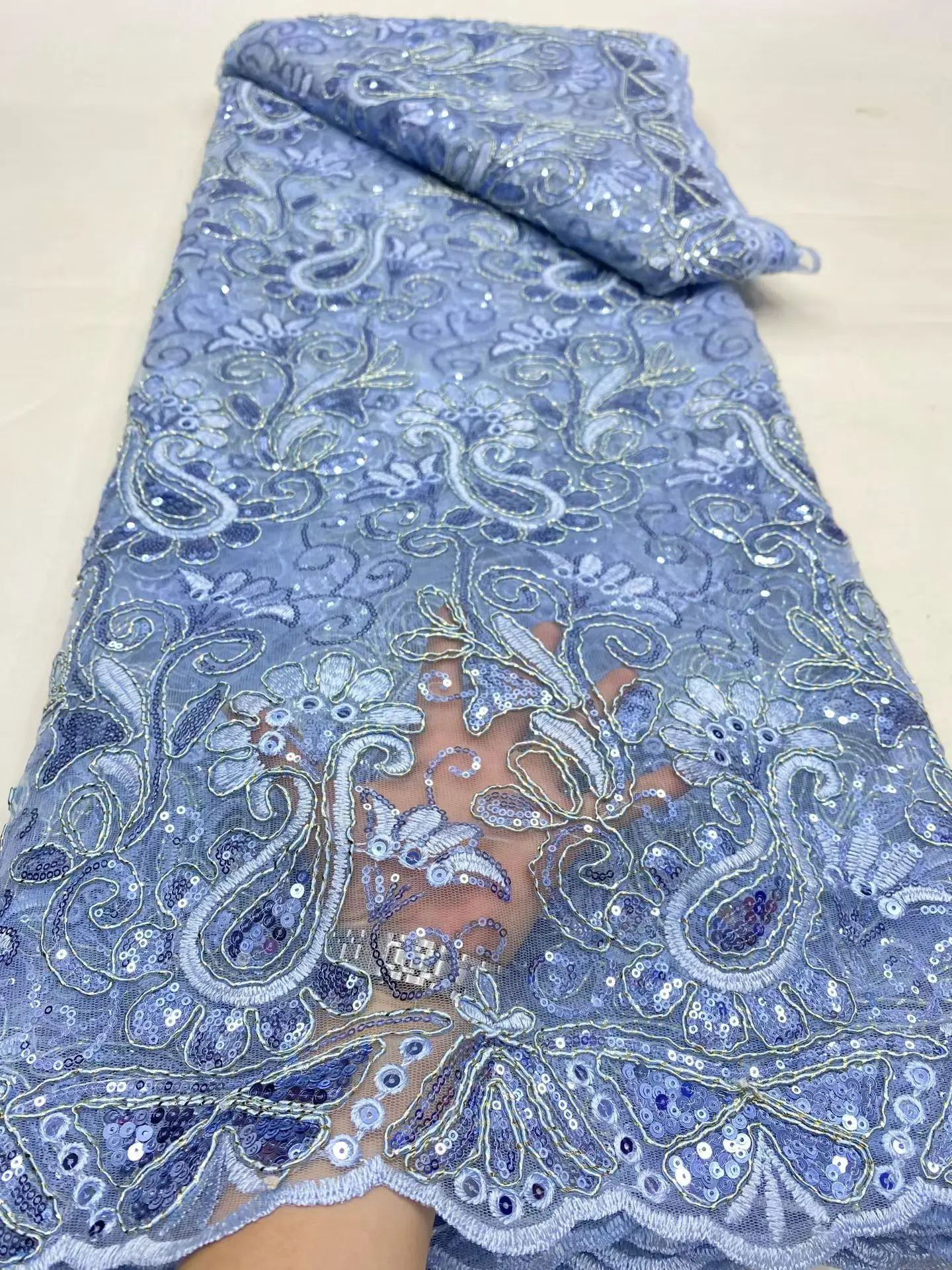 

2025 African Nigerian High-Quality Sequins Tulle Lace Fabric for Prom Dresses Beads Embroidery Sewing Net Cloth 5Yard DP0465