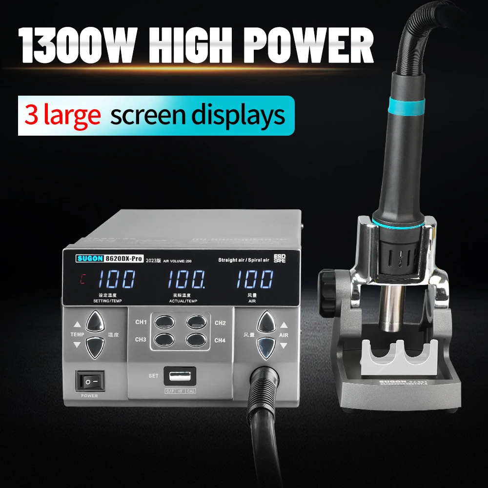 SUGON 8620DX PRO 1300W Hot Air Rework Station Microcomputer Temperature Control BGA Rework Station Curved Nozzle Welding Repair