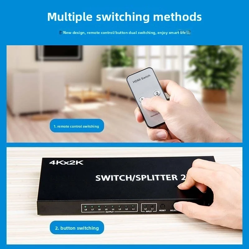 4K HD Switcher 2 in 8 out HDTV Switch Splitter 2x8 Video Distributor for Laptop PC to Multi Screen TV Projector Copy Display