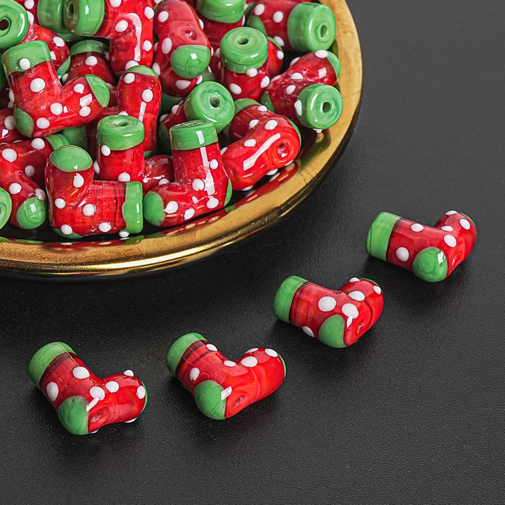 5Pcs/Lot Handmade Lampwork Beads Red Christmas Stocking Spacer Beads for Women Man DIY Jewelry Making Thanksgiving Gifts