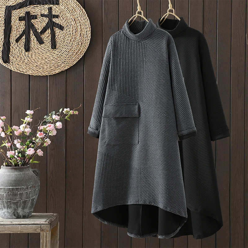 Retro Artistic High Collar Long Sleeve Base Layer Dress Loose Fit Autumn Winter plus Size Color Commute Style Midi Dress