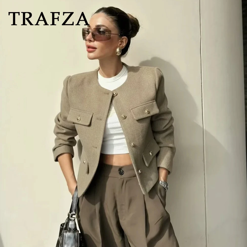 TRAFZA 2024 primavera Casual donna giacche corte moda Streetwear tasche solide O collo monopetto eleganti giacche corte Chic