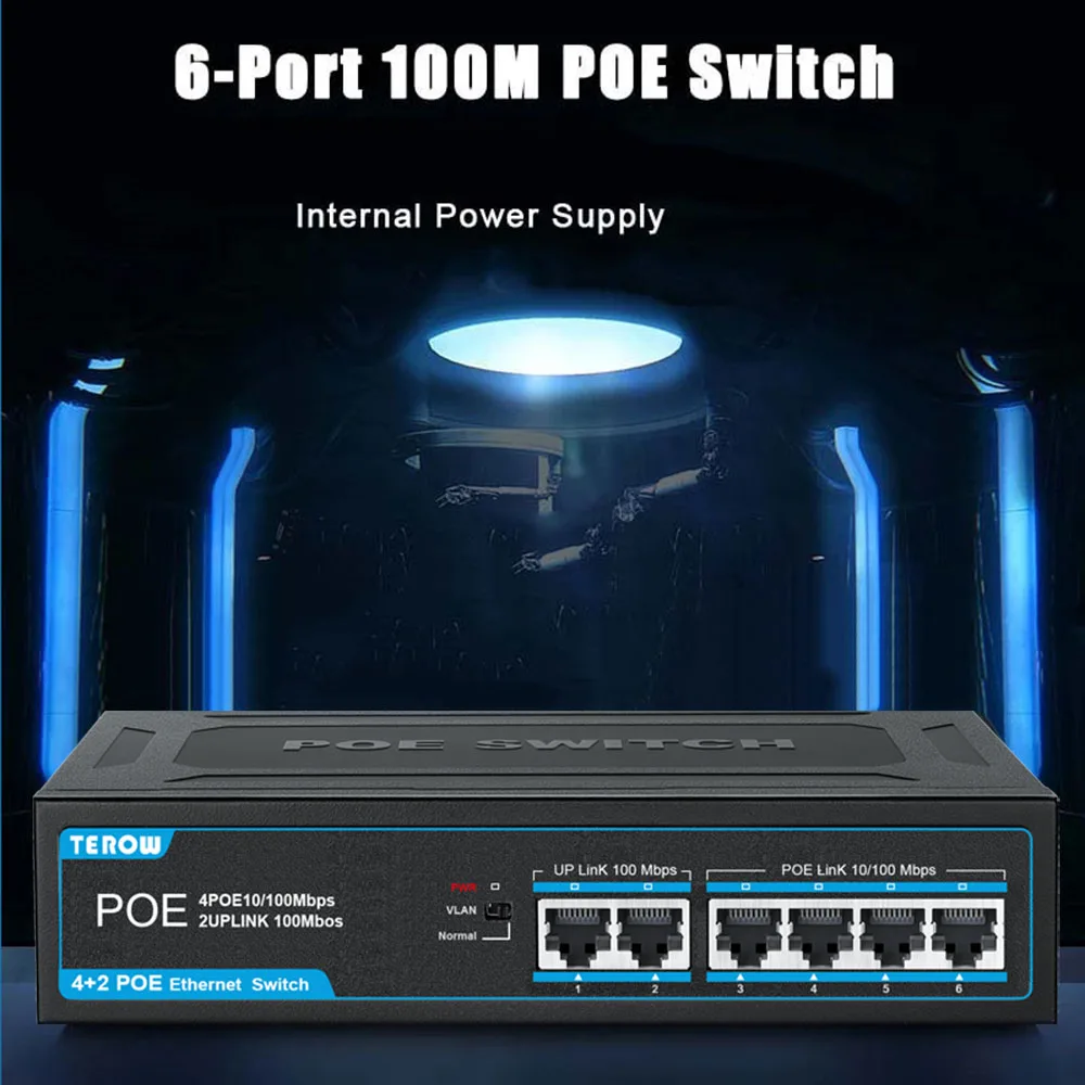 POE Switch 4 Ports +2 Uplink Fast Ethernet Switch 100Mbps Network Switch RJ45 Injector Switcher for IP Camera/Wireless AP/CCTV