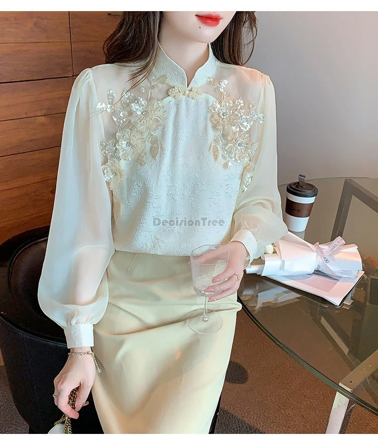 2024 vintage chinese style versatile tang suit top improved jacquard patchwork qipao top new fashion design sense chiffon blouse