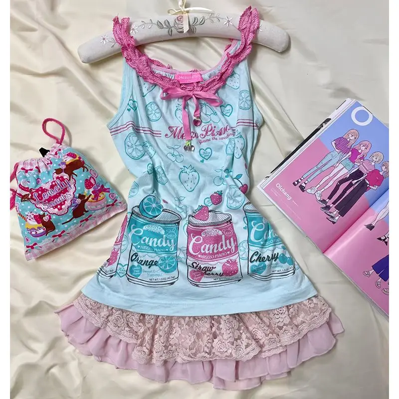 Japanese Cute Sweet Daughter Clothing Summer Cartoon Mp Tie Up Bow Fruit Soda Print Camisole Y2k Top Grunge Graphic T Shirts