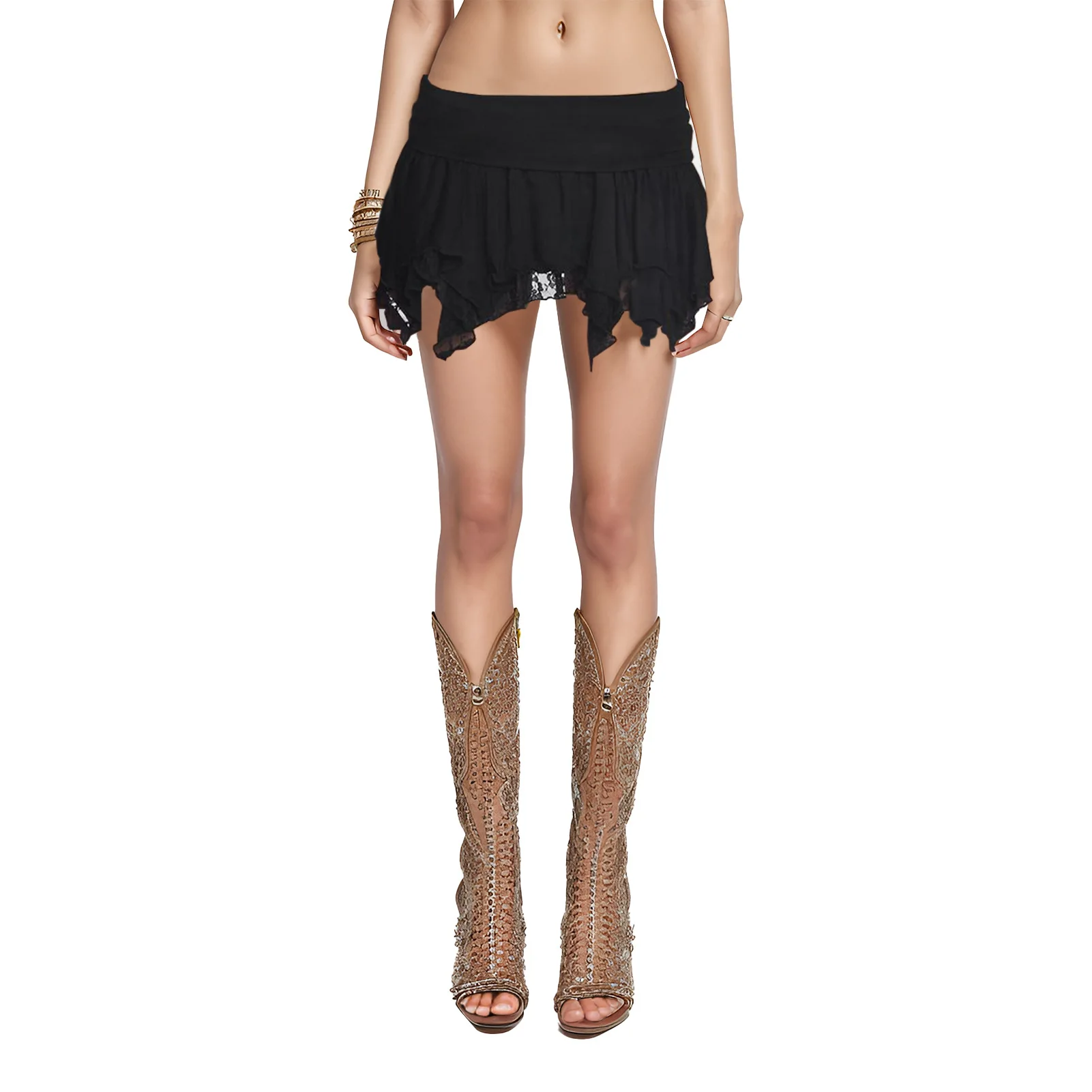 Summer Clothes Women Fashion Solid Color Mini Short Skirt Double Layer Streetwear Irregular Lace Sexy Short Skirt Women Skirts