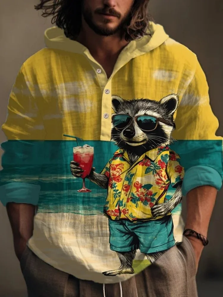 

Мужская рубашка с капюшоном и принтом енота для отпуска, коктейля, осень 2024, новая текстурированная ткань с длинными рукавами, топы большого размера, блузка, мужские футболки