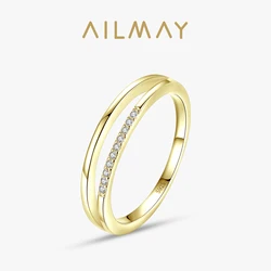 Ailmay charm Gold Color Genuine 925 Sterling Silver Finger Ring For Women Simple Design Fine Hypoallergenic Clear Zircon Jewelry
