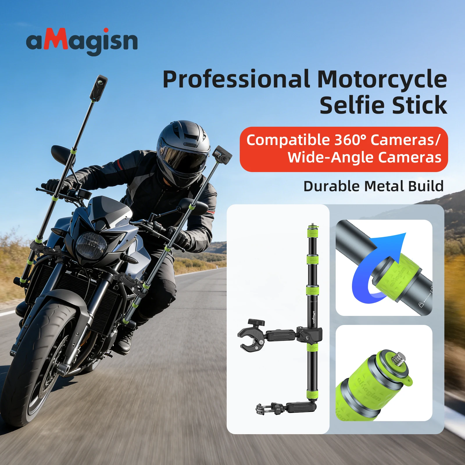 

aMagisn Professional Motorcycle Selfie Stick 34-110cm Metal Pole 1/4Thread Trekking Pole Convertible Fits GoPro / DJI / Insta36
