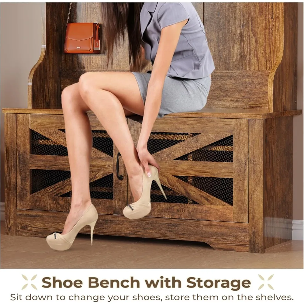 Bench and Shoe Storage, 5-in-1 Entryway Bench with Coat Rack, 10 Shoes Cubbies & 9 Coat Hooks, Shoe Rack