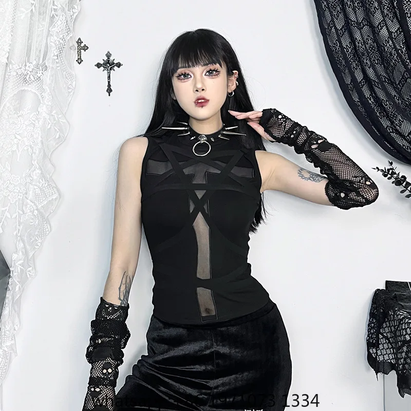 Goth Dark Fairy Grunge Mesh Cross Sheer Sleeveless Crop Tops Gothic Chic Bandage Tank Top Mall Basic Women Vest Alt Streetwear