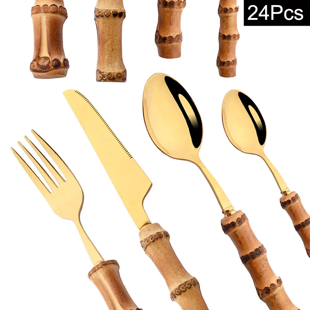 24Pcs Nature Bamboo Handle Cutlery Stainless Steel Dinnerware Sets Knife Fork Spoon Purely Natural Bamboo Tableware Set