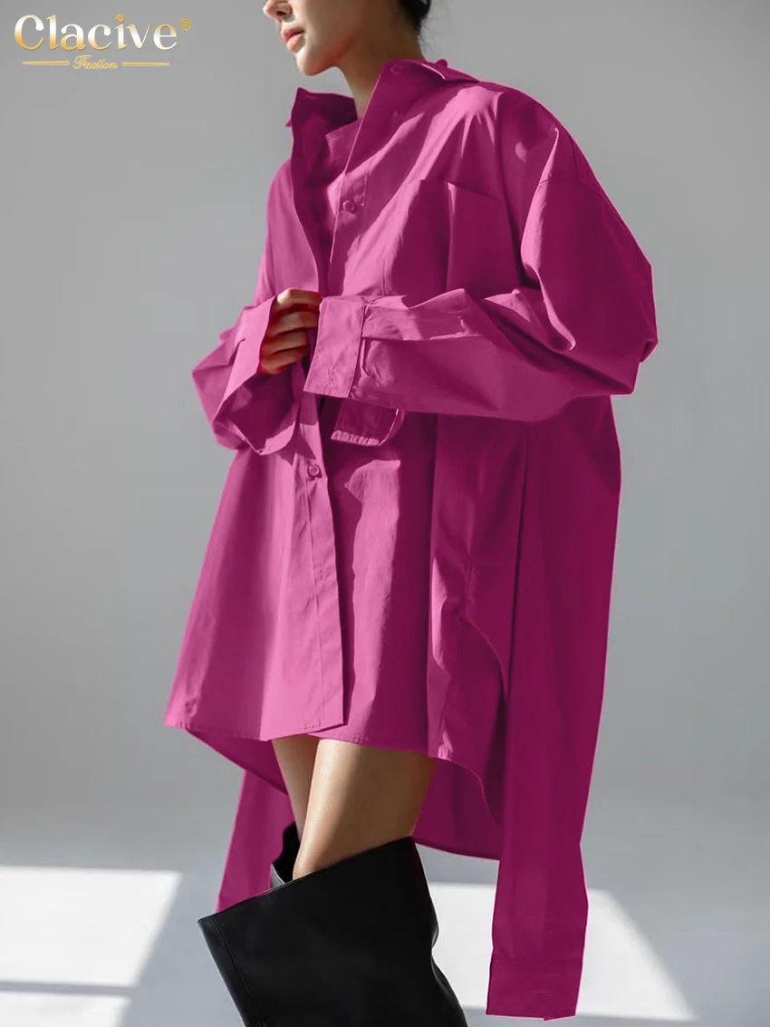 Clacive Fashion Loose Dark Pink Cotton Women's Blouse 2025 Casual Lapel Long Sleeve Shirt Elegant Classic Solid Tops Female