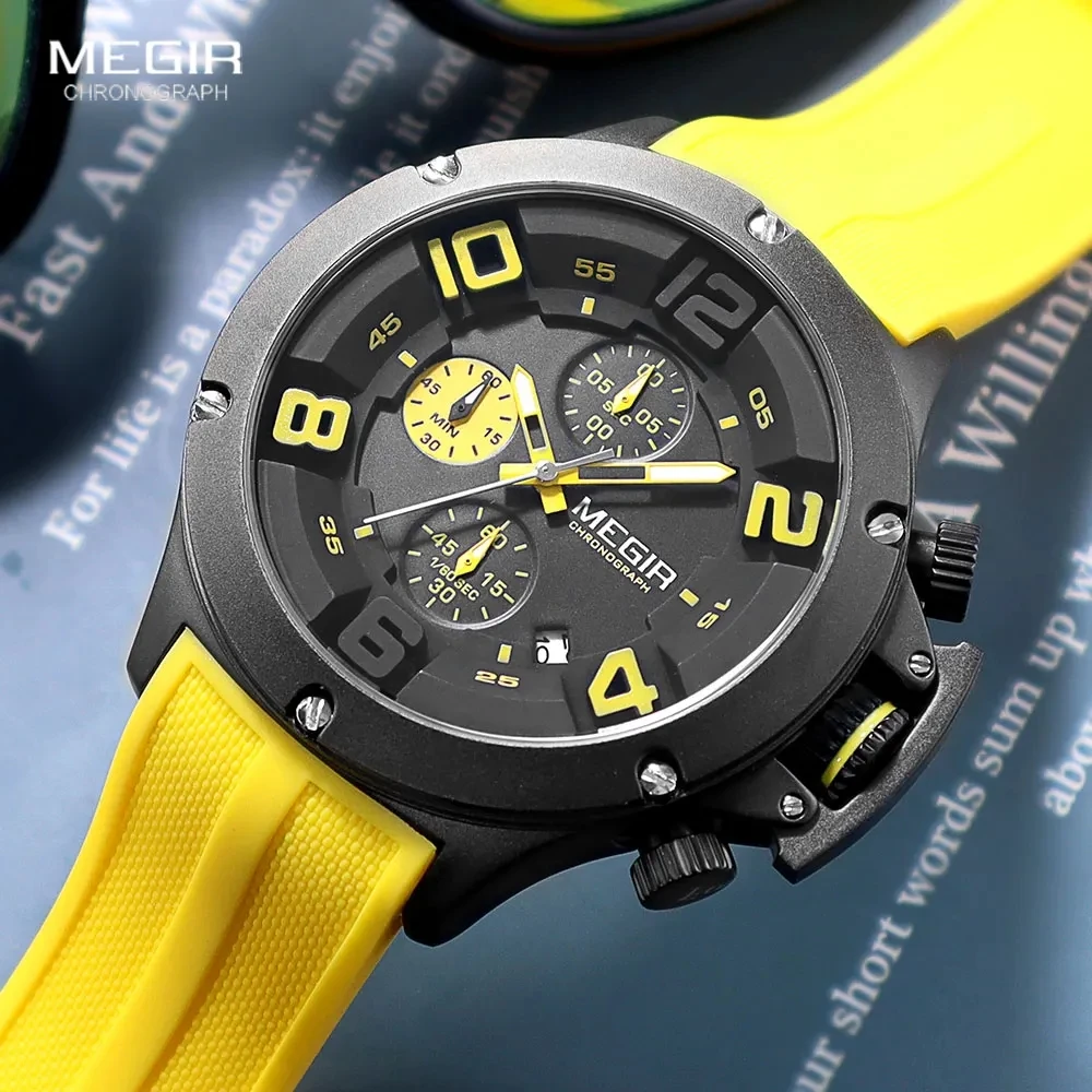 MEGIR 8115 Men Quartz Watch Leisure Sports Shockproof Chronograph Analog Display Yellow Silicone Strap Wrist Watches for Male