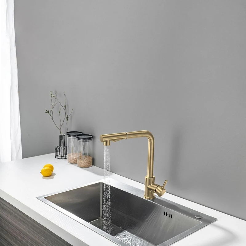 Grifo de cocina extraíble de oro cepillado de acero inoxidable 360 °   Mezclador retráctil de rotación para ahorro de agua fría y caliente, grifo para fregadero, pulverizador de corriente