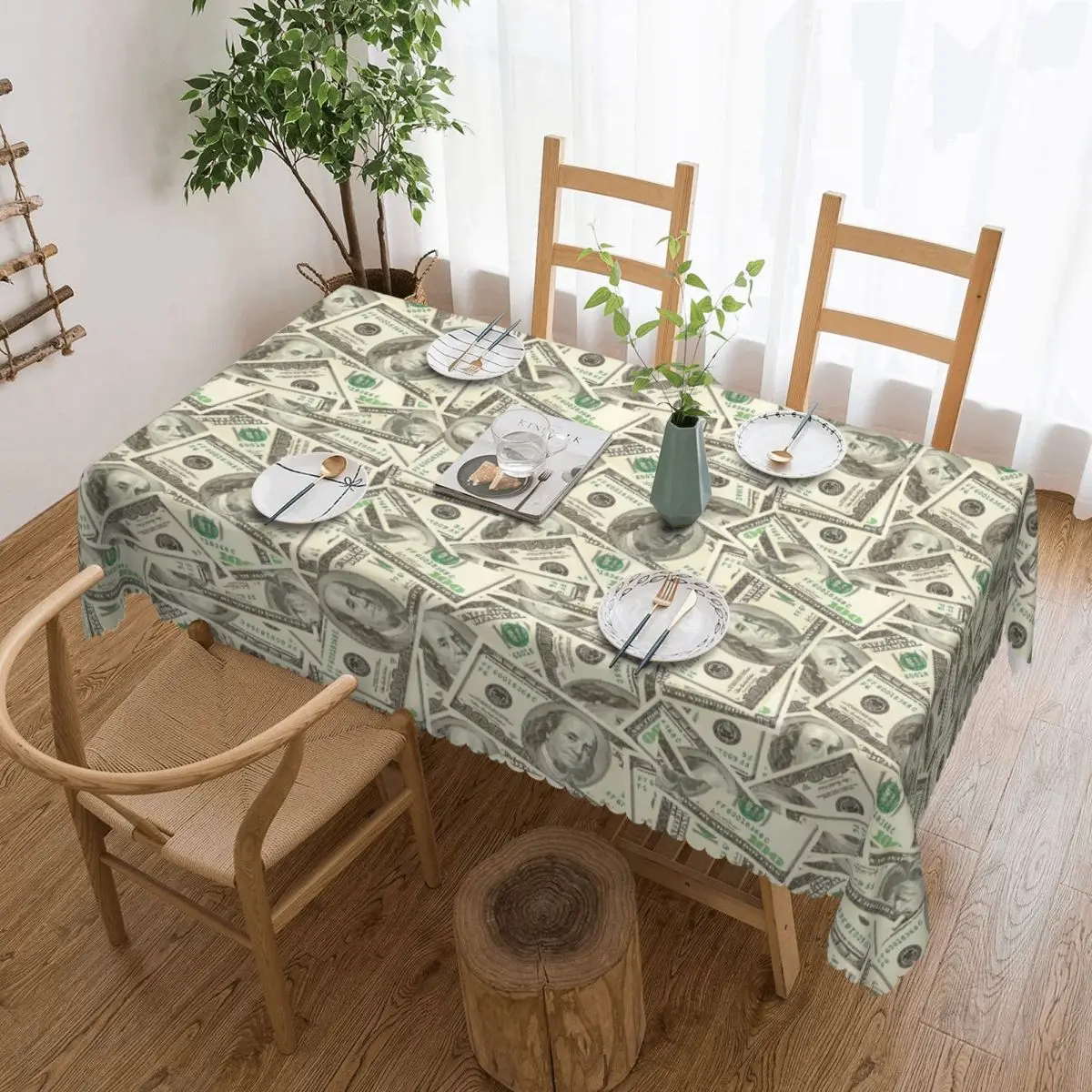 Custom 100 Dollar Bills Rectangular Tablecloth Oilproof Table Cloth Money Table Cover