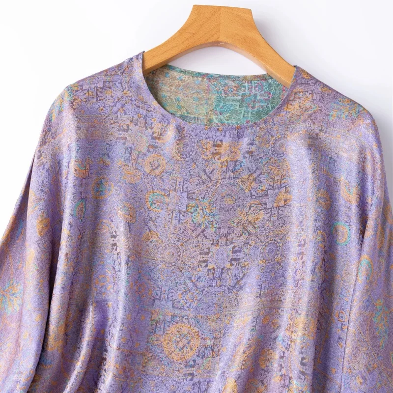 Birdtree, 100% Real Silk Reversible Tshirt, Long Sleeve O-neck Tops, Women Jacquard Satin Loose Shirt, 2026 Summer New T65424JF