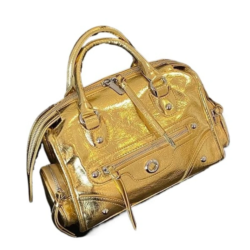 Trendy Gold Rivet Locomotive Bag Women's High-end Sense Niche Fashion Large-capacity Portable Messenger Bag Sweet Cool Girl Bag