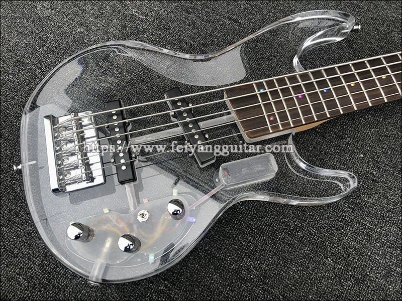 Electric Bass Guitar, Acrylic Body, Rosewood Fingerboard with LED Light, 5 Strings, High Quality Bass Guitar,Free shipping