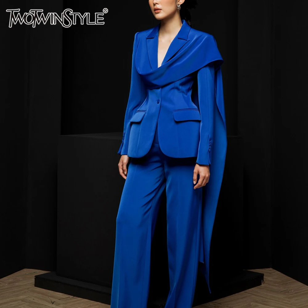 

TWOTWINSTYLE Asymmetrical Designer Solid Blazers For Women Notched Collar Long Sleeve Slim Spliced Pockets Blazer Female Style