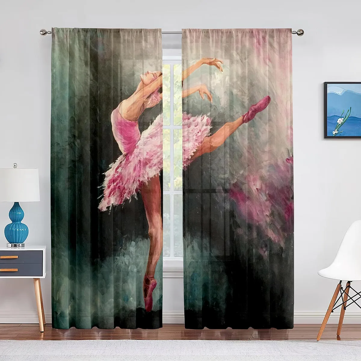 Retro Ballerina Dancing Classic Performance Tulle Curtain for Living Room Decoration Chiffon Sheer Voile Kitchen Bedroom Curtain