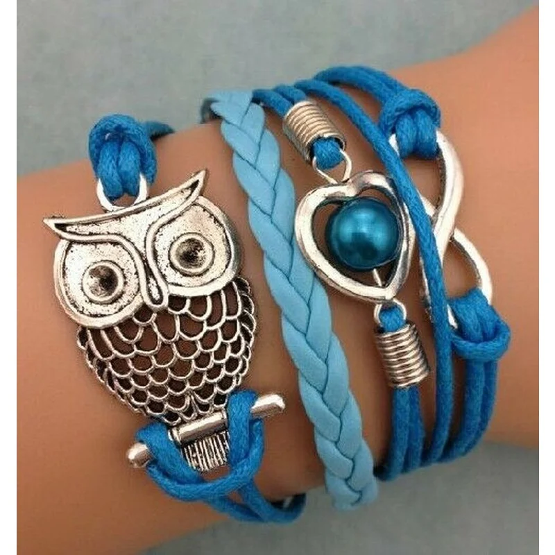 New Hot Retro Infinity Love Heart & Owl Leather Charm Bracelet Silver