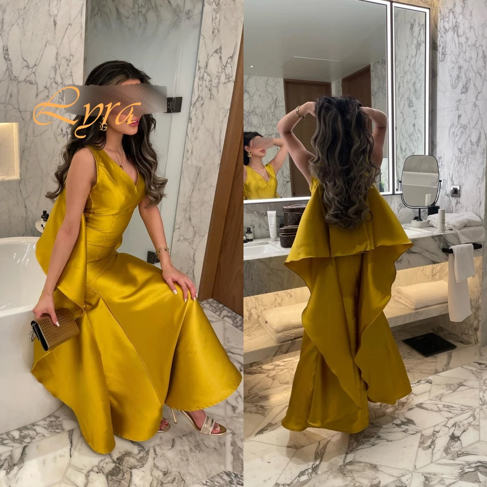 

Customized Exquisite Deep V-Neck Cap Sleeve Sleeveless Evening Dress High Quality Satin Prom Dresses Modern Homecoming Gowns