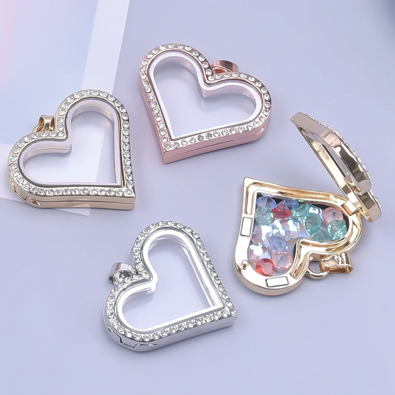 10PCS Heart Rhinestone Locket Glass Floating Charms Alloy Pendant Jewelry Making Photo Necklace Keychain Women Gifts Supplies