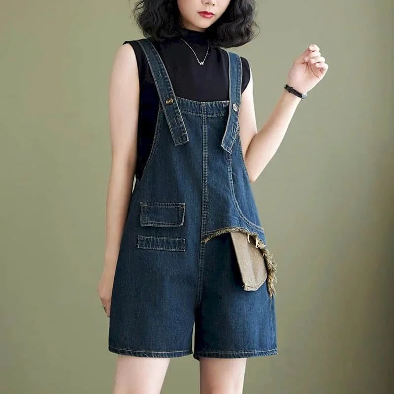 Denim Jumpsuits Women Vintage Korean Style One Piece Outfit Casual Cropped Rompers Five Point Jeans Summer Trend Women Clothing