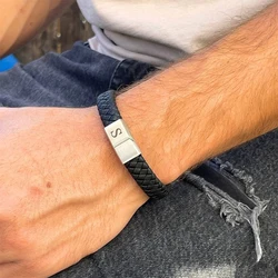 Custom Engraved Letter Bracelet for Men Single Layer Hand Woven Leather Bracelet Metal Magnetic Closure Jewelry Birthday Gift