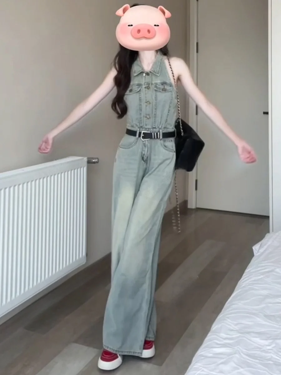 Retro Stylish High Waist Denim Jumpsuit Women's Summer New Style Neck Hanging Sleeveless  Collar No Belt Long Pants