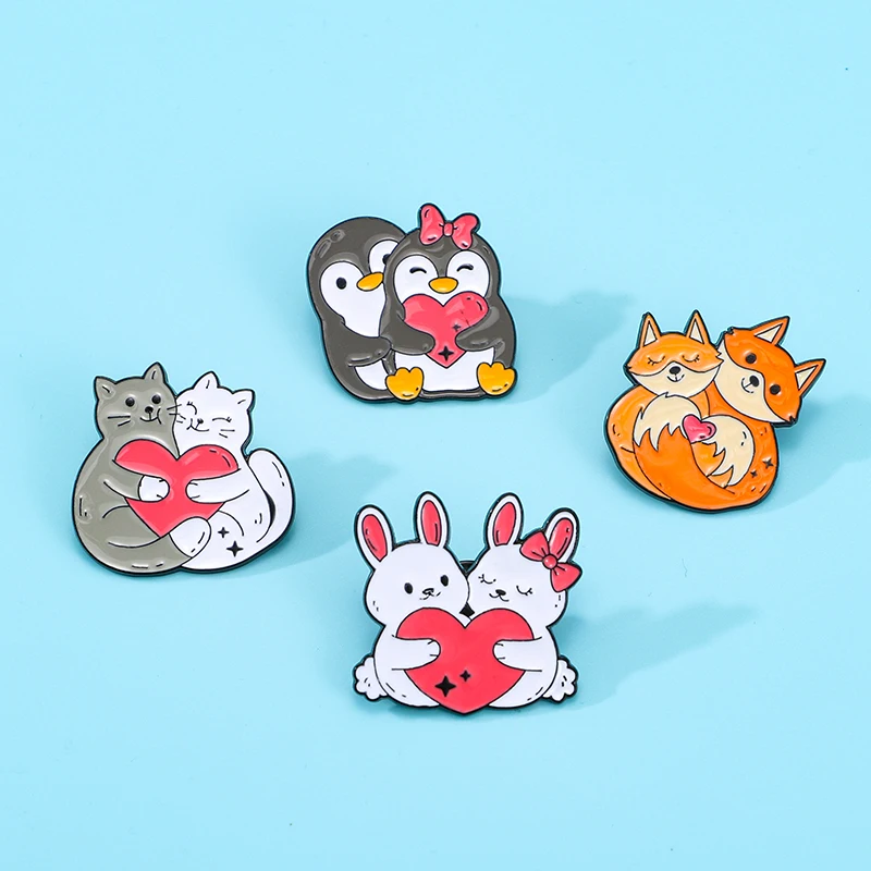 Funny Romantic Animal Couple Design Enamel Brooches Cartoon Penguin Cat Fox Rabbit Lovers Hug Heart Lapel Pins  Valentine's Day
