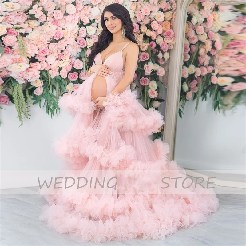 Pink Maternity Robes Women Tulle Bathrobe Prom Dresses Photo Shoot Spaghetti Strap Sleeveless Sleepwear Nightgown Custom Made