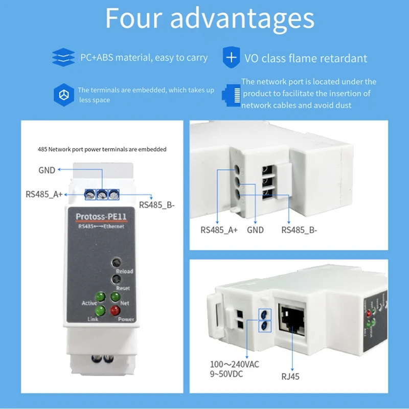 1 Piece DIN-Rail Serial Port RS485 To Ethernet Converter Server Protoss MQTT PE11-H Support Modbus TCP RTU White