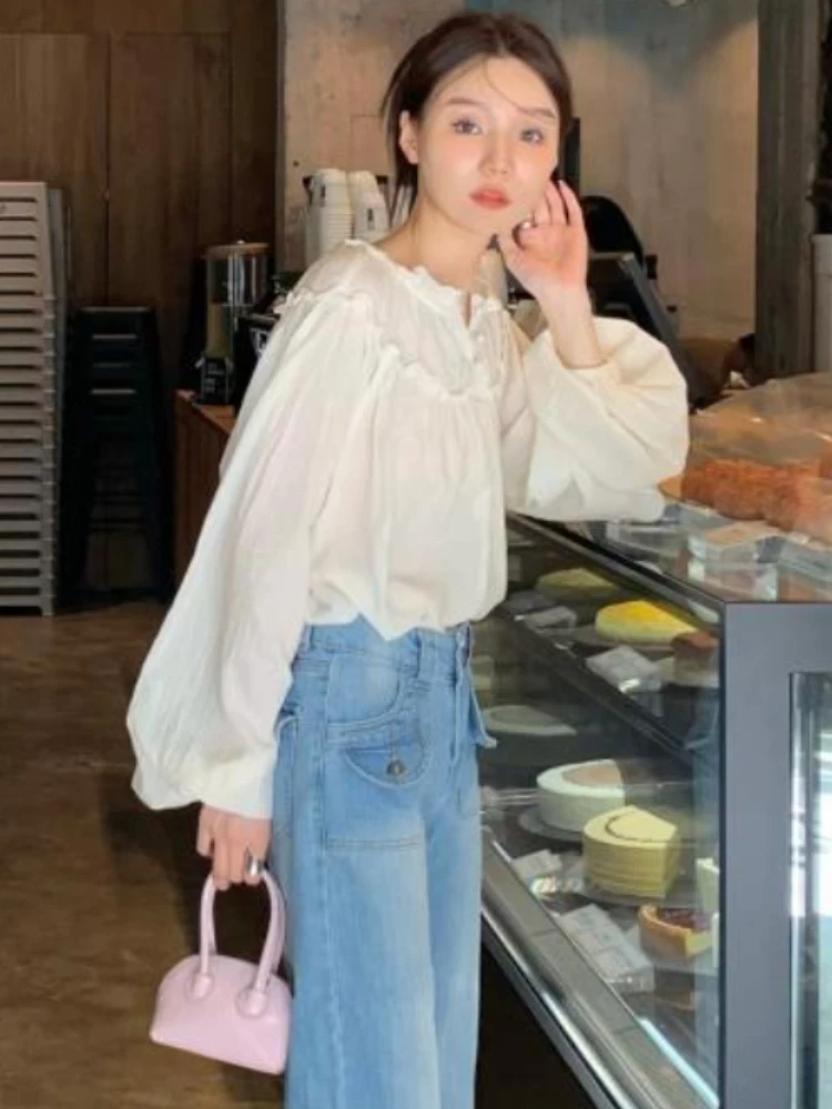 Blouses Women Casual Chic Puff Sleeve Loose Elegant Spring Retro All-match Kawaii Ladies Summer New Solid Korean Style Button