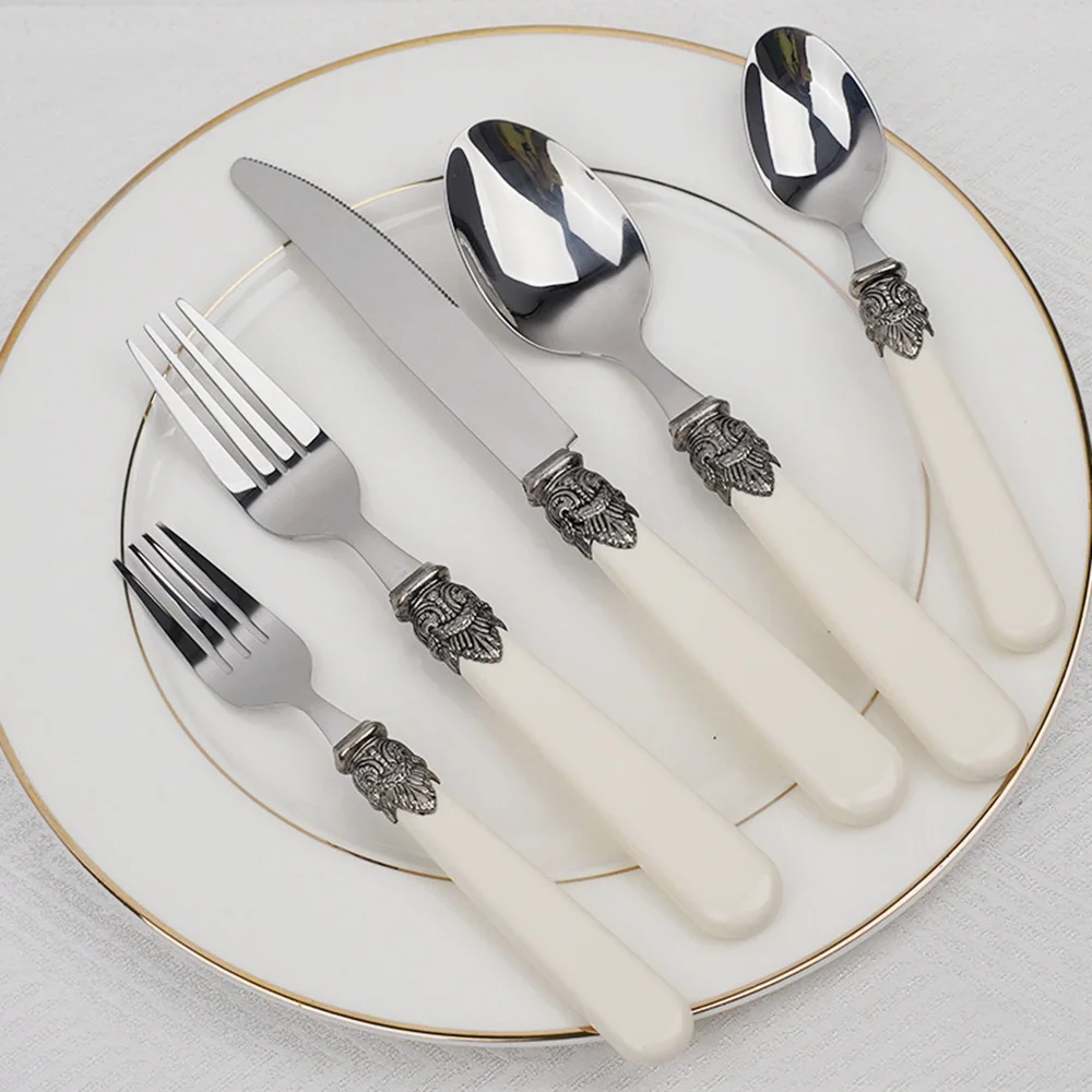 5pcs Vintage Cutlery Set Acrylic Handle 304 Stainless Steel Knife Fork and Spoon Set Western Tableware Creative Gift for Friends